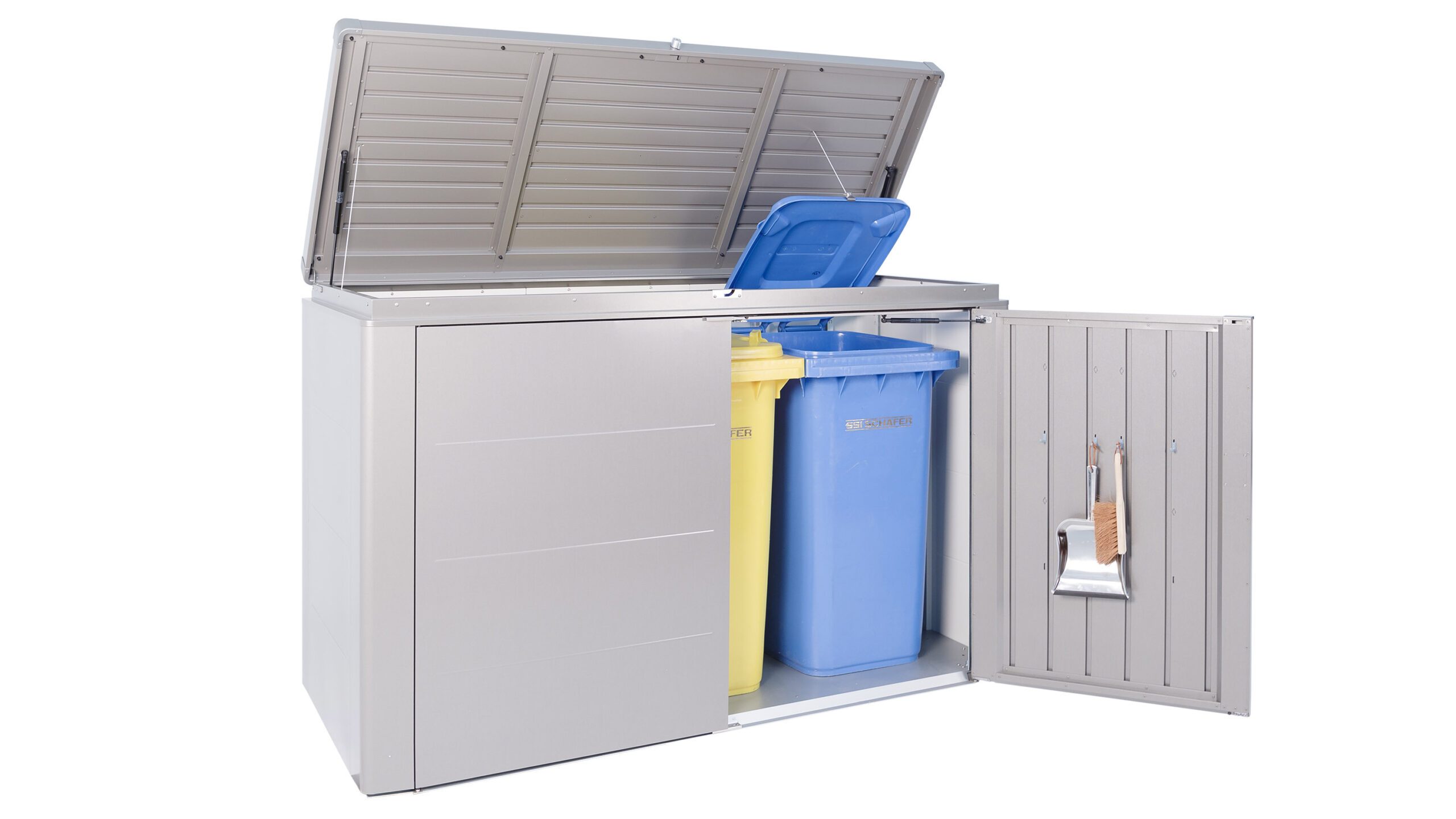quarzgraue geöffnete Gartenbox mit blauer und gelber Mülltonne