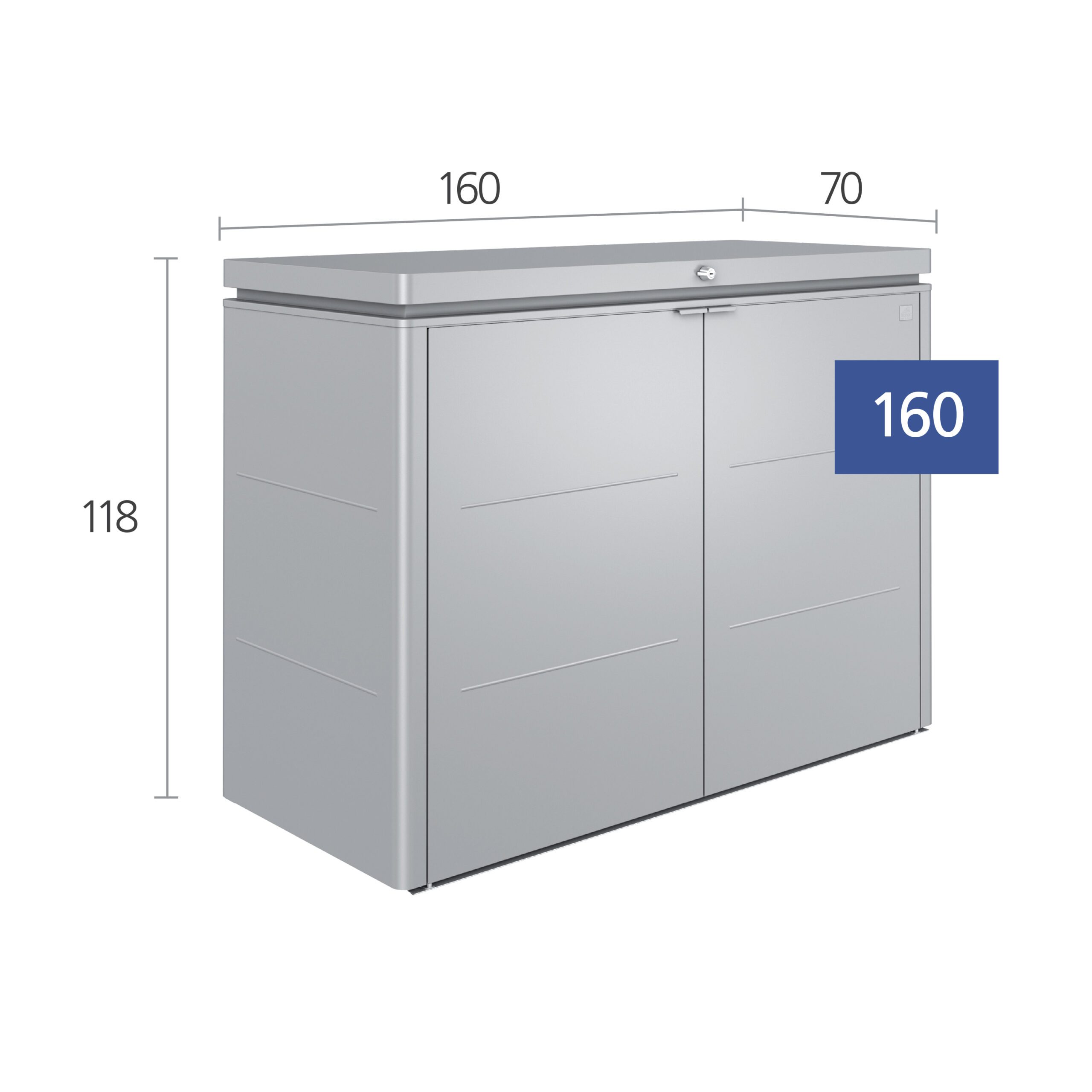 Silberne Gartenbox Grössenabbildung. Biohort Highboard
