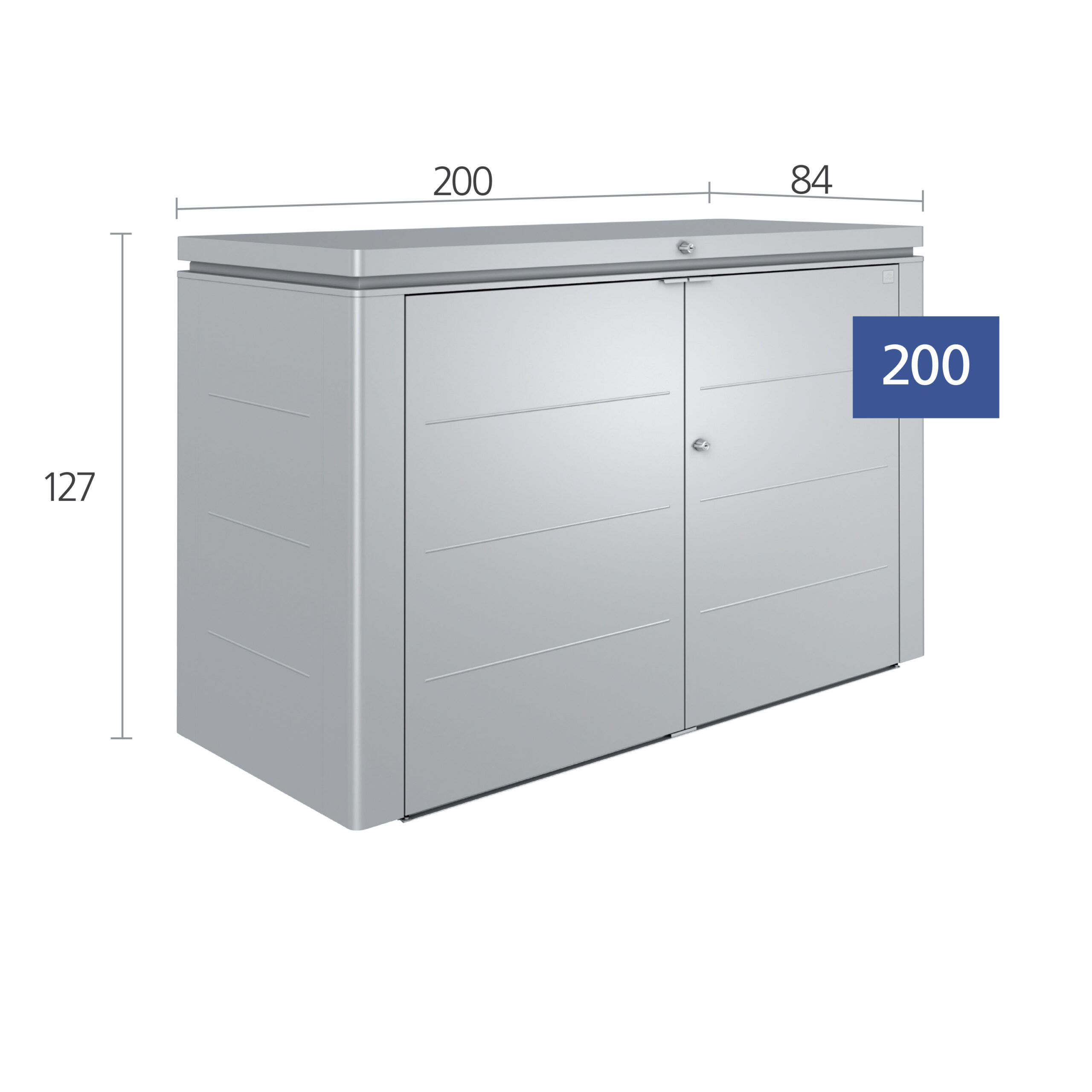 Silberne Gartenbox Grössenabbildung. Biohort Highboard