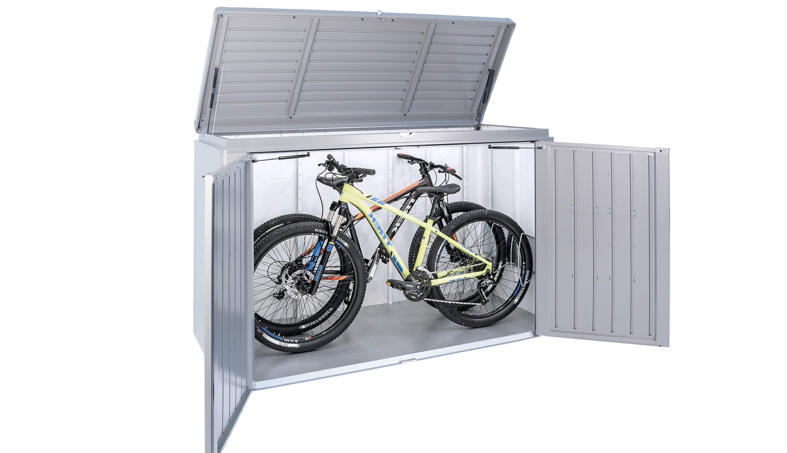 geöffnete quarzgraue Gartenbox als Velogarage mit zwei verstauten Velos.