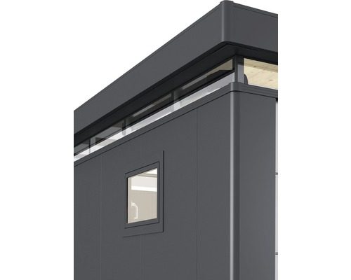 dark grey garden house with a built in tilt and turn window. Biohort aluminum tilt and turn window Softub Switzerland
