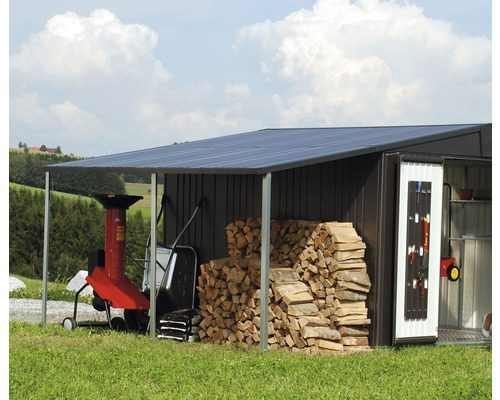 Biohort Europa Side Roof. A dark grey side roof attatched to a dark grey garden shed. Underneath the roof fire wood and other garden utensils are stored and kept.