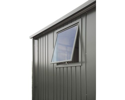 Biohort window element. A small, open standing single window integrated in a tool shed.