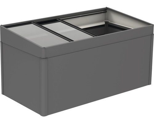 A dark grey raised vegetable bed from Biohort with anti-freeze screens
