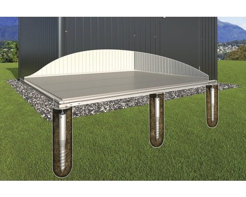 Erdschrauben Fundament eines Gartenhauses.