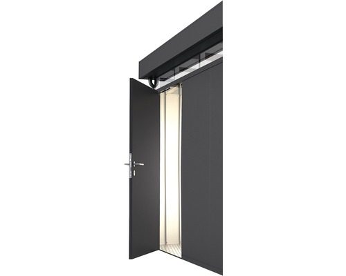 Additional Biohort CasaNova Door. A dark grey garden house with an open single door. Light burns in the garden house.