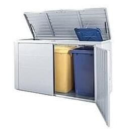 Biohort Highboard in silber metallic geöffnet mit gelber und blauer Container