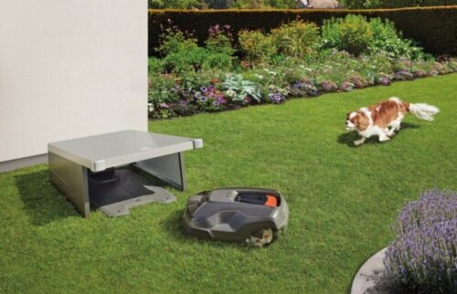 Mährobotergarage mit Mähroboter und Hund auf Rasen