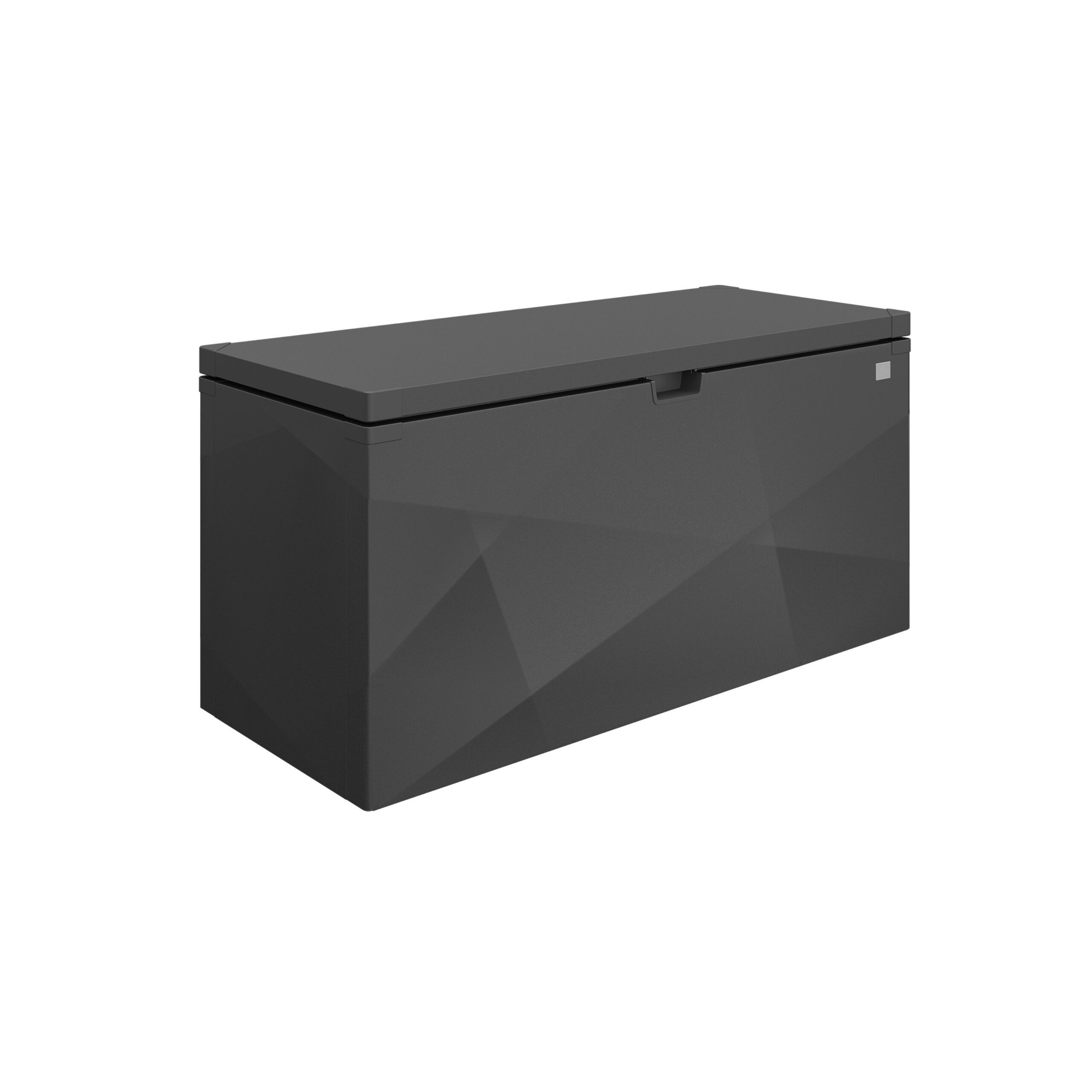 Dunkelgraue, rechteckige Gartenbox mit X Design Oberfläche