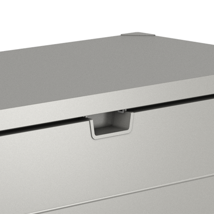 Nahaufnahme einer Quarzgrauen rechteckigen Gartenbox