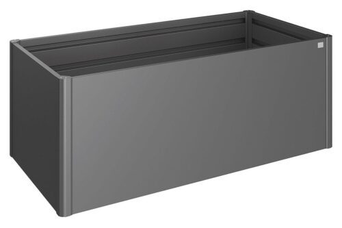 rechteckiges, dunkelgraues Hochbeet aus Metall auf weissem Hintergrund.