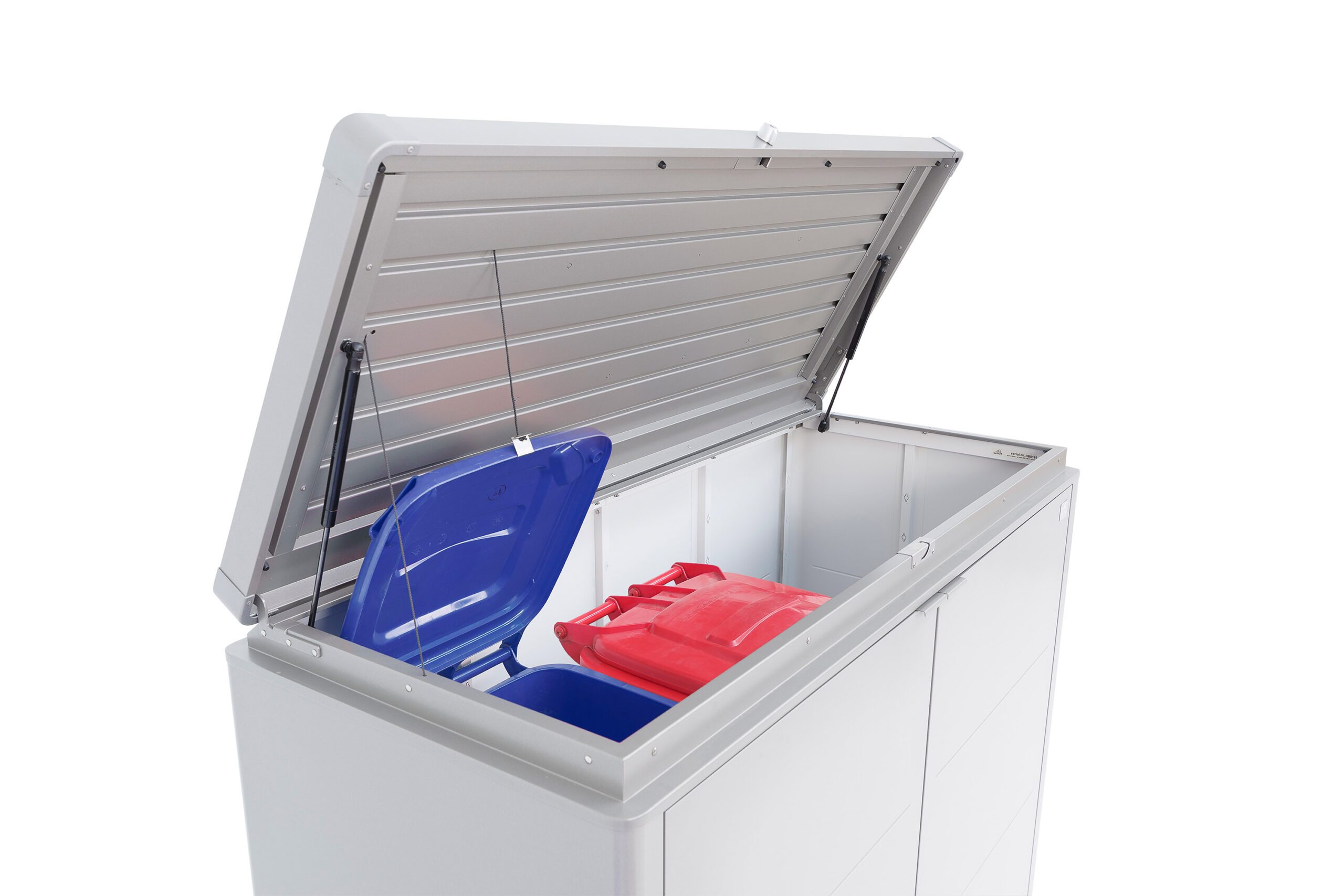Silberne geöffnete Gartenbox mit Deckelöffner und ein blauer sowie roter Container