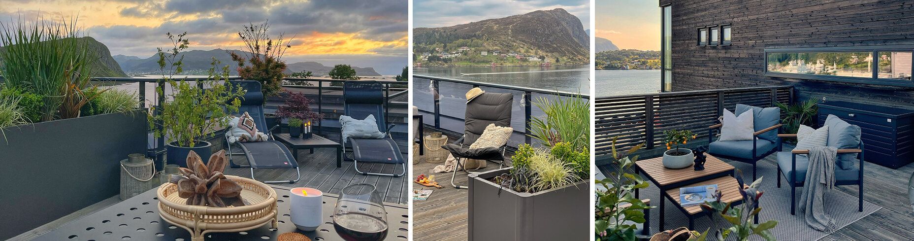 Hochbeet und Gartenboxen in dunkelgrau auf Terrassen mit Ausblick auf den See.