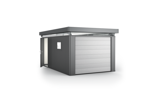 A quartz gray metal garden house with a flat roof, a light strip, a window on the left side, and a garage door. A side-mounted biohort Casanova installation with a second open-standing door.