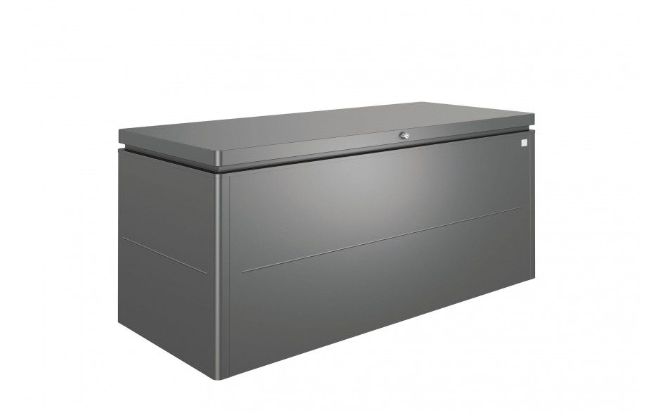 Dunkelgraue, rechteckige Metallgartenbox. Biohort Softub Schweiz.
