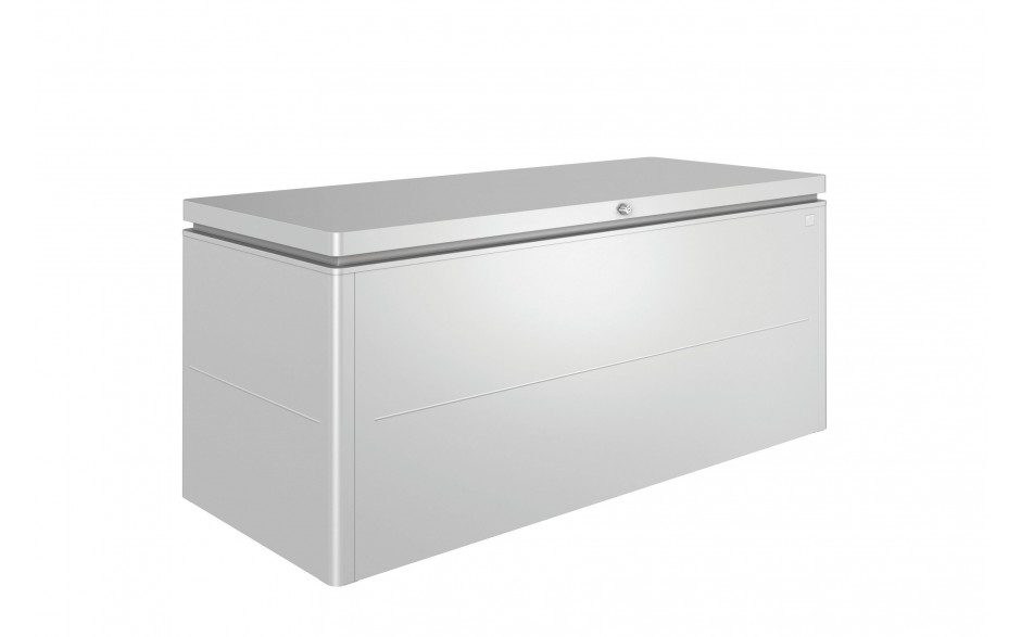 Silberne, rechteckige Metallgartenbox. Biohort LoungeBox.